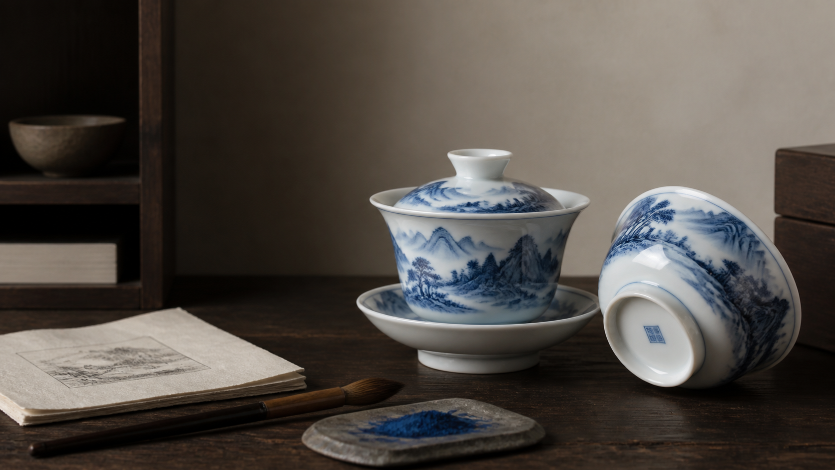 Hand-painted blue-and-white porcelain gaiwan and bowl with visible foot ring, brush and cobalt pigment