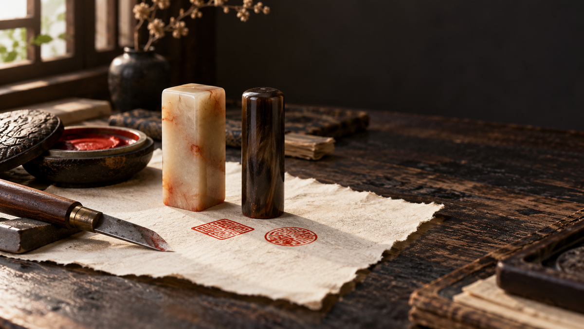 A pale square stone seal and a dark round personal seal beside vermilion ink paste on handmade paper.