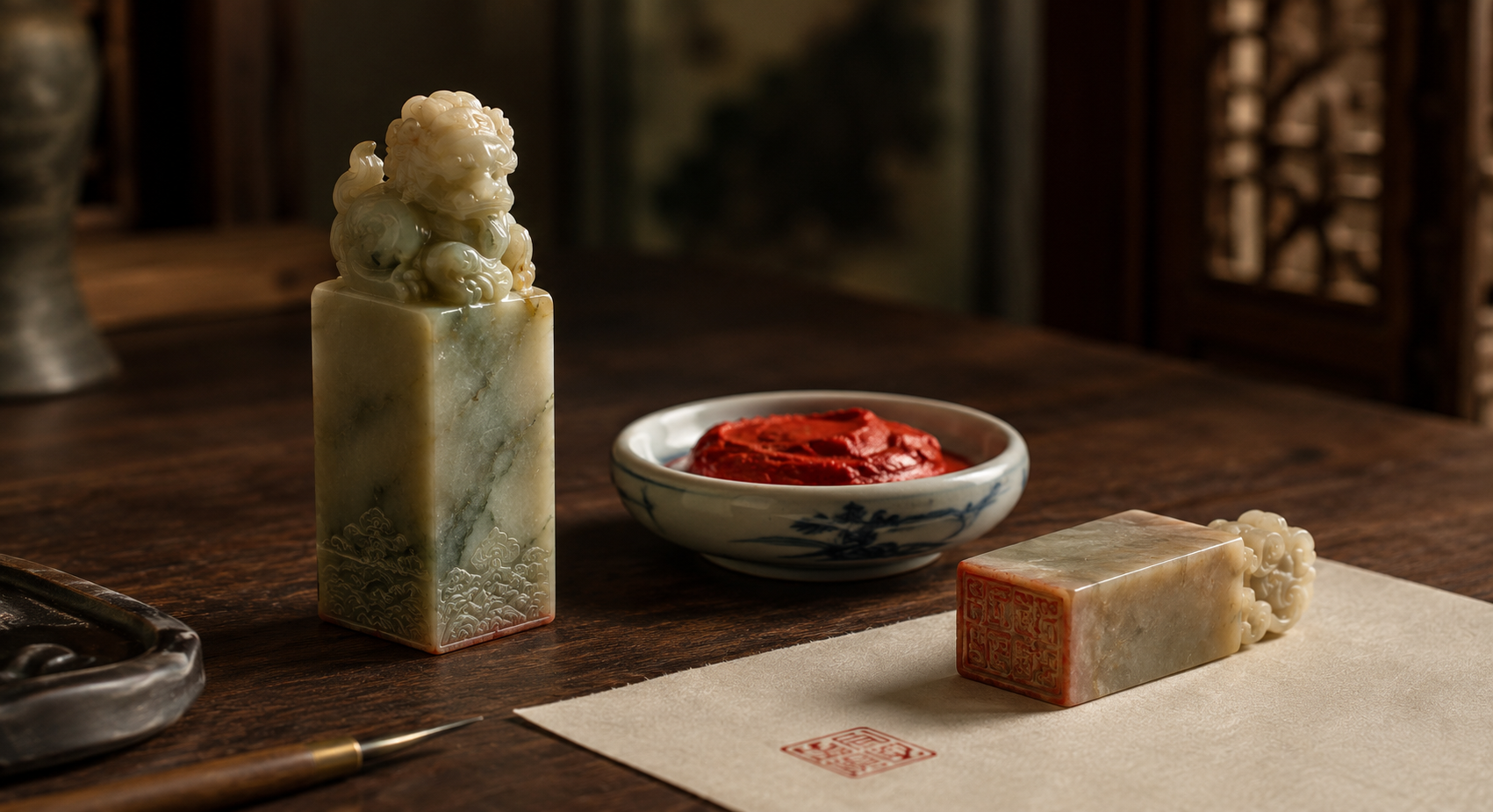 Traditional Chinese stone seals with cinnabar seal paste in a scholar's studio