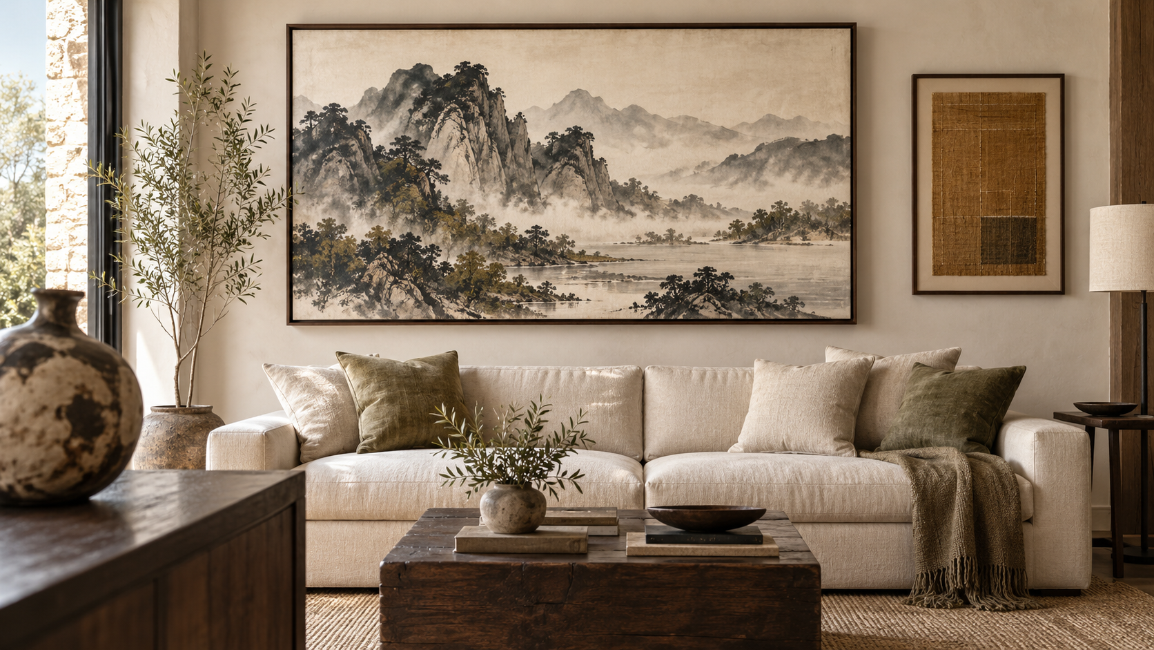 Illustrative living room with framed ink landscape and textile wall art above a linen sofa
