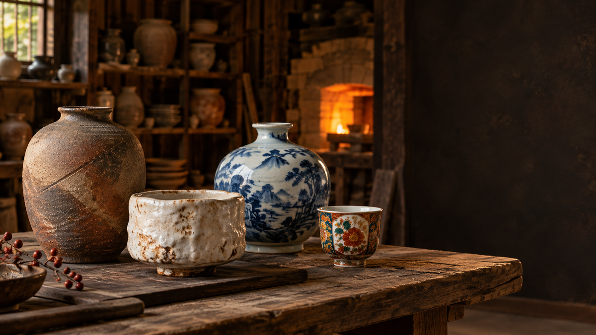 A Japanese ceramics workshop with a Bizen-style stoneware vessel, white Shino tea bowl, blue-and-white porcelain vase and Kutani-style cup beside a glowing kiln.