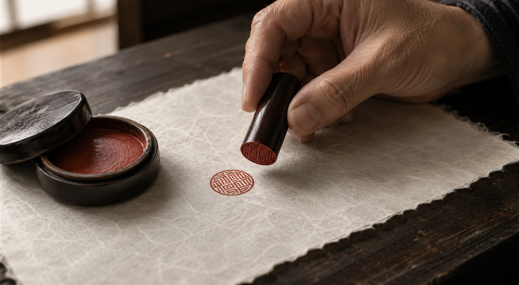 A hand lifting a Japanese Hanko above a fresh vermilion seal impression on handmade paper