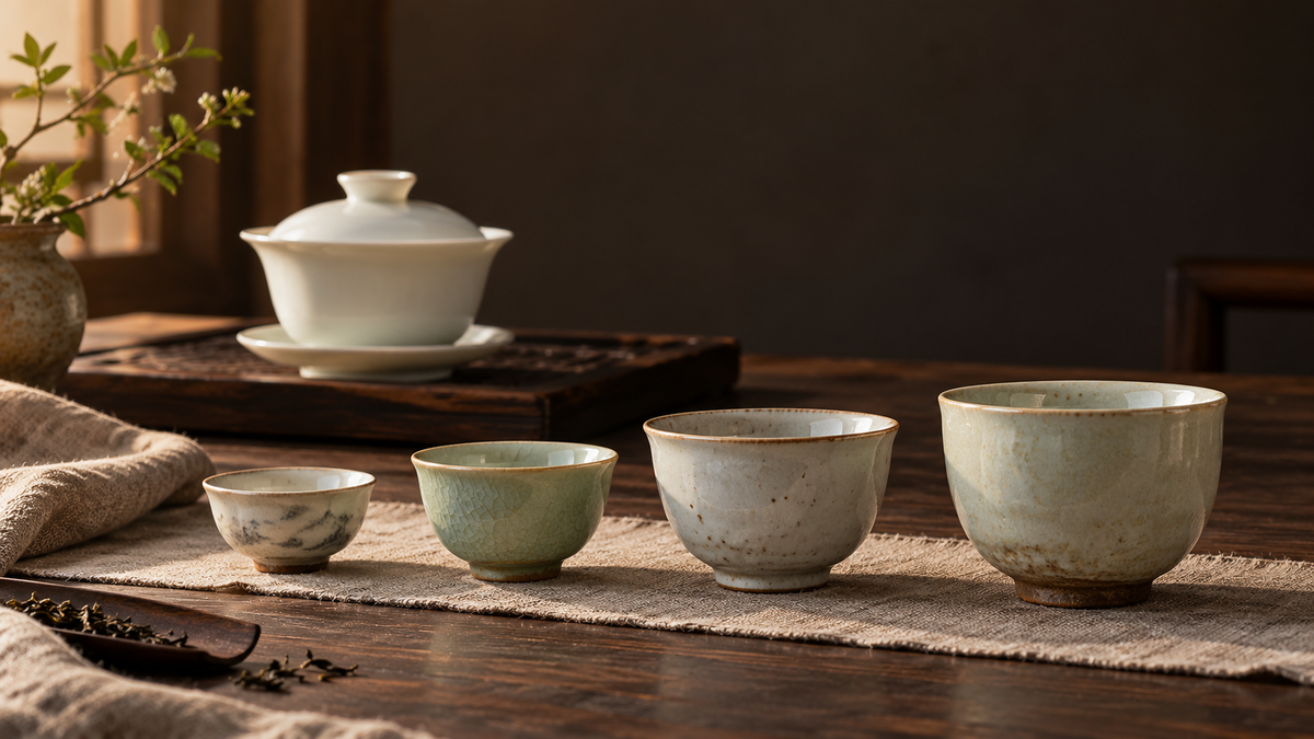 Four handmade porcelain tea cups in increasing sizes arranged on linen beside a white gaiwan on a walnut tea table.