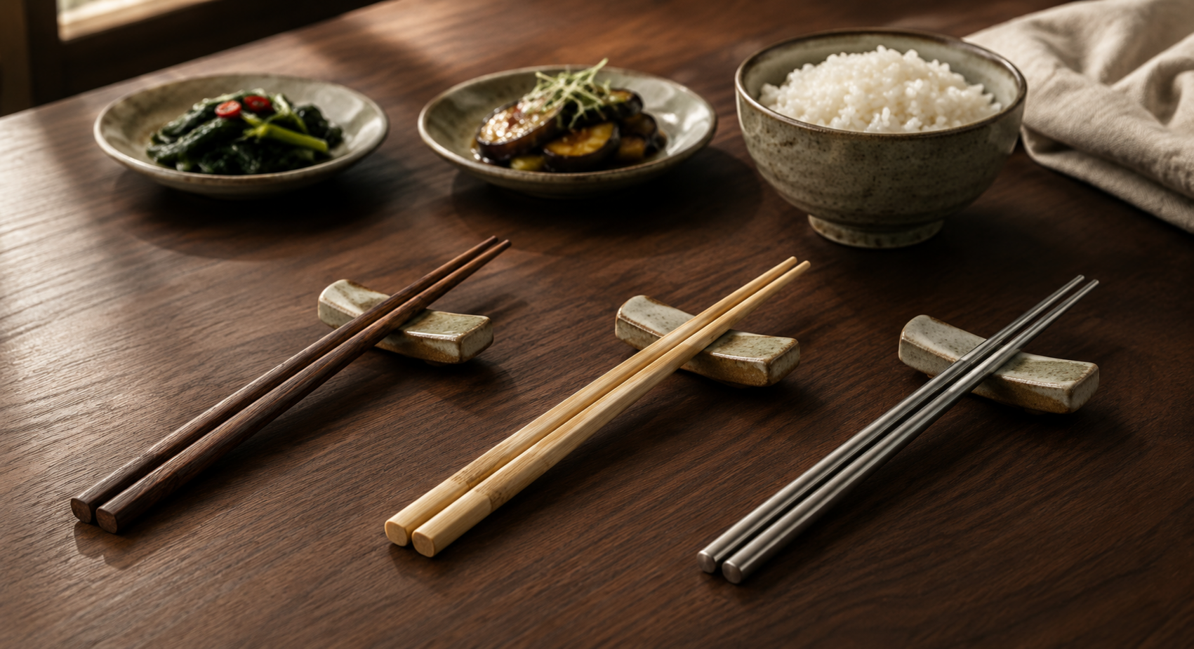 Wood, bamboo and metal chopsticks arranged on a refined East Asian dining table