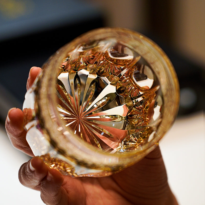 Edo Kiriko Handcrafted "Amber Celestial" Whisky Glass – A Golden Glow of Cosmic Grandeur