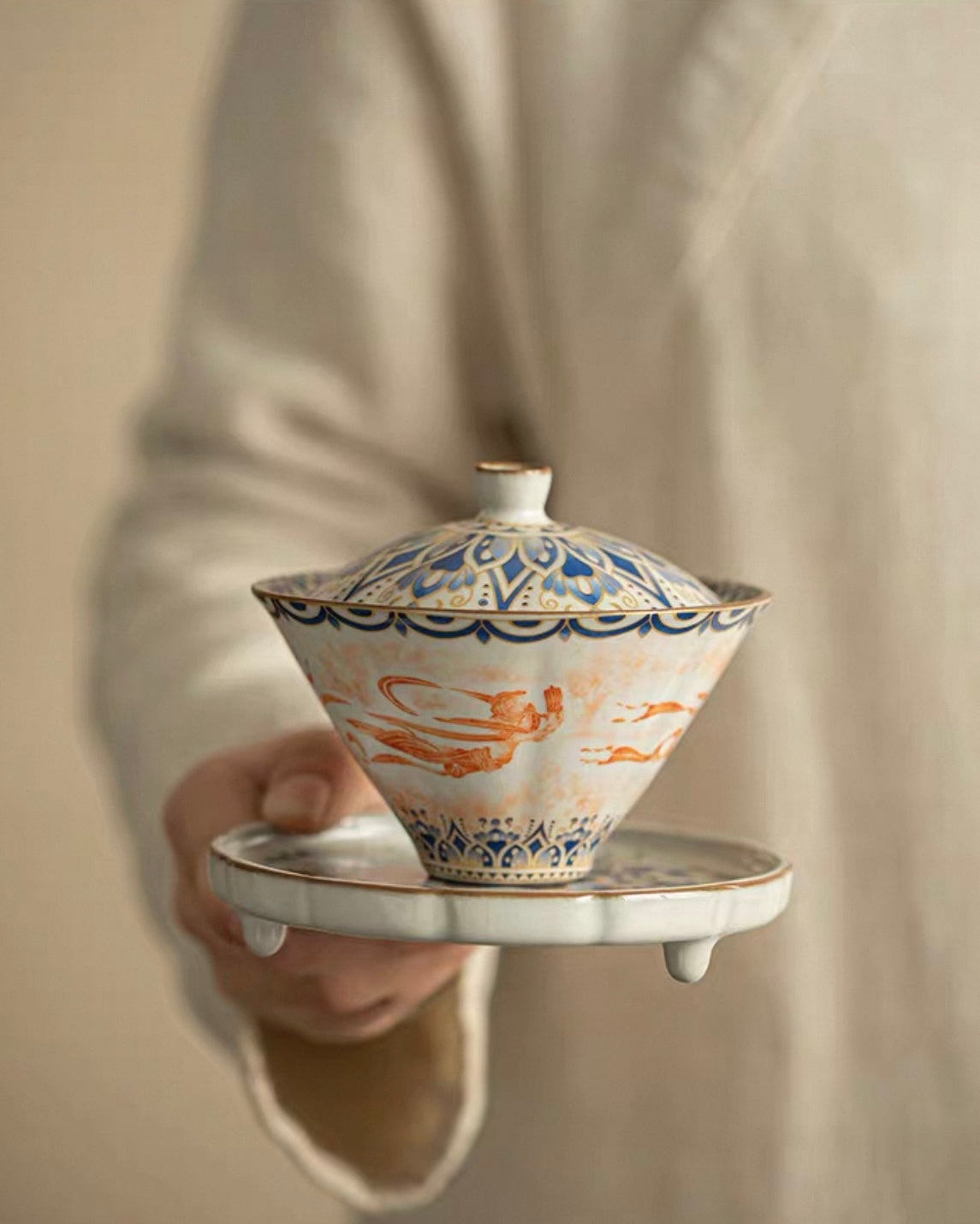 Imitation Song Ru Ware & Dunhuang Flying Apsara Douli Sancai Gaiwan