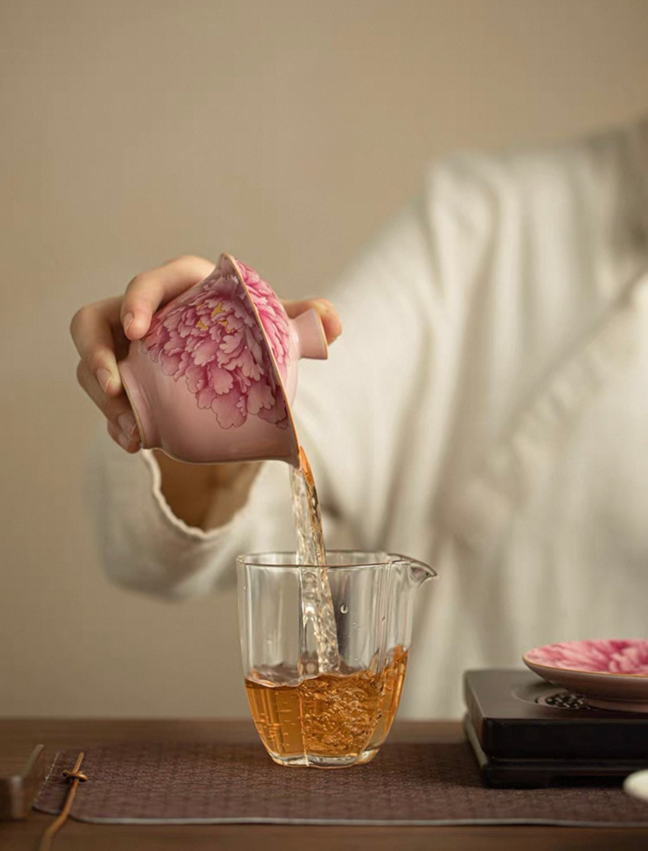 Pink Ru Ware "Peony Elegance" Sancai Gaiwan