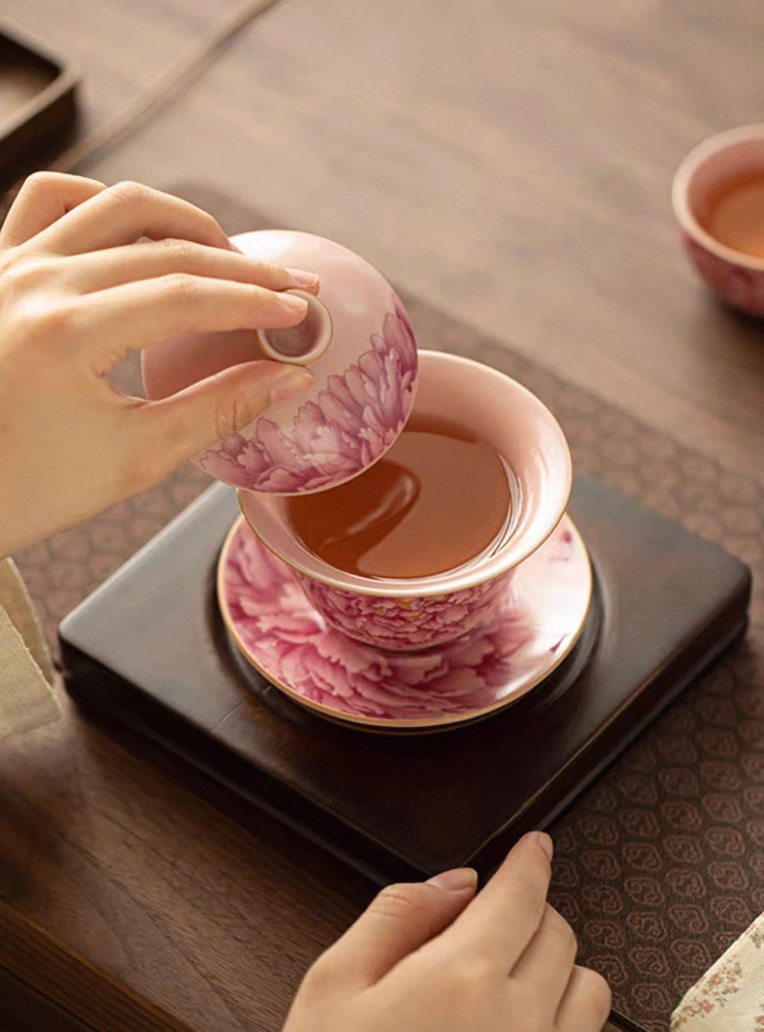 Pink Ru Ware "Peony Elegance" Sancai Gaiwan