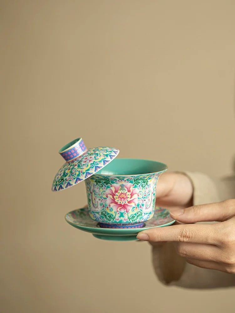 Turquoise Green Enamel "Intertwining Lotus" Floating Sancai Gaiwan