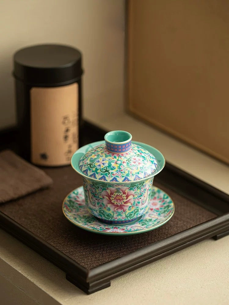 Turquoise Green Enamel "Intertwining Lotus" Floating Sancai Gaiwan