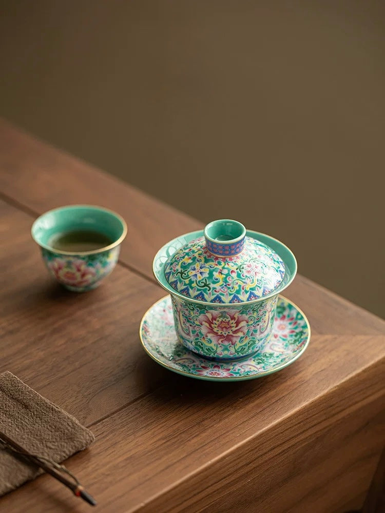 Turquoise Green Enamel "Intertwining Lotus" Floating Sancai Gaiwan
