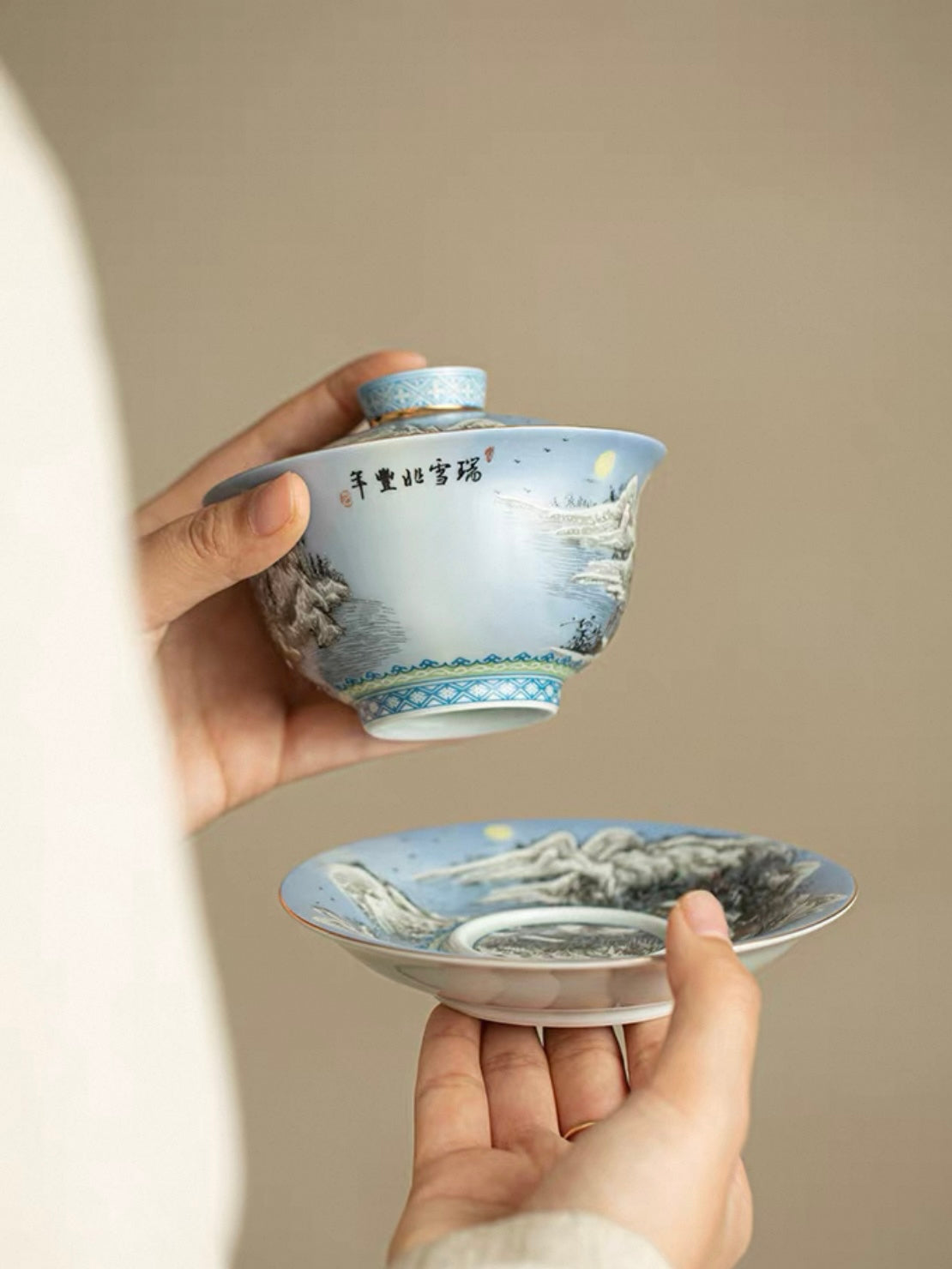 Enamelware "Winter Snow Scene" Anti-Scald Sancai Gaiwan