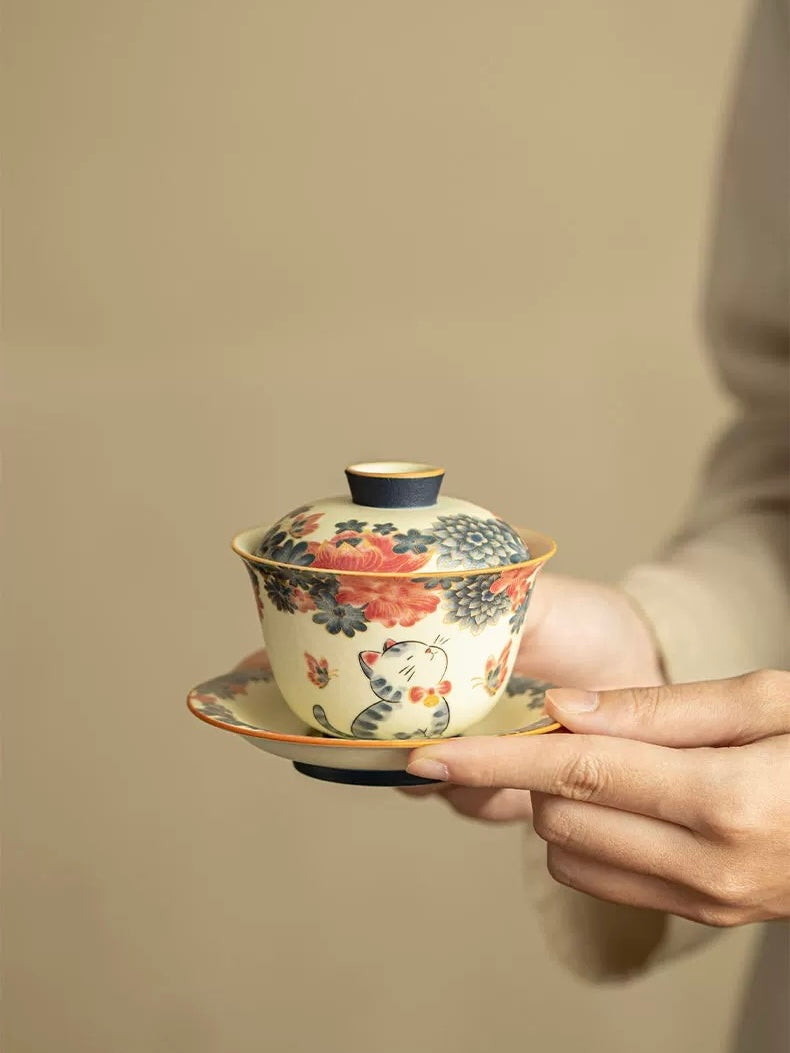 Hand-Painted "Cats in the Garden" Sancai Gaiwan