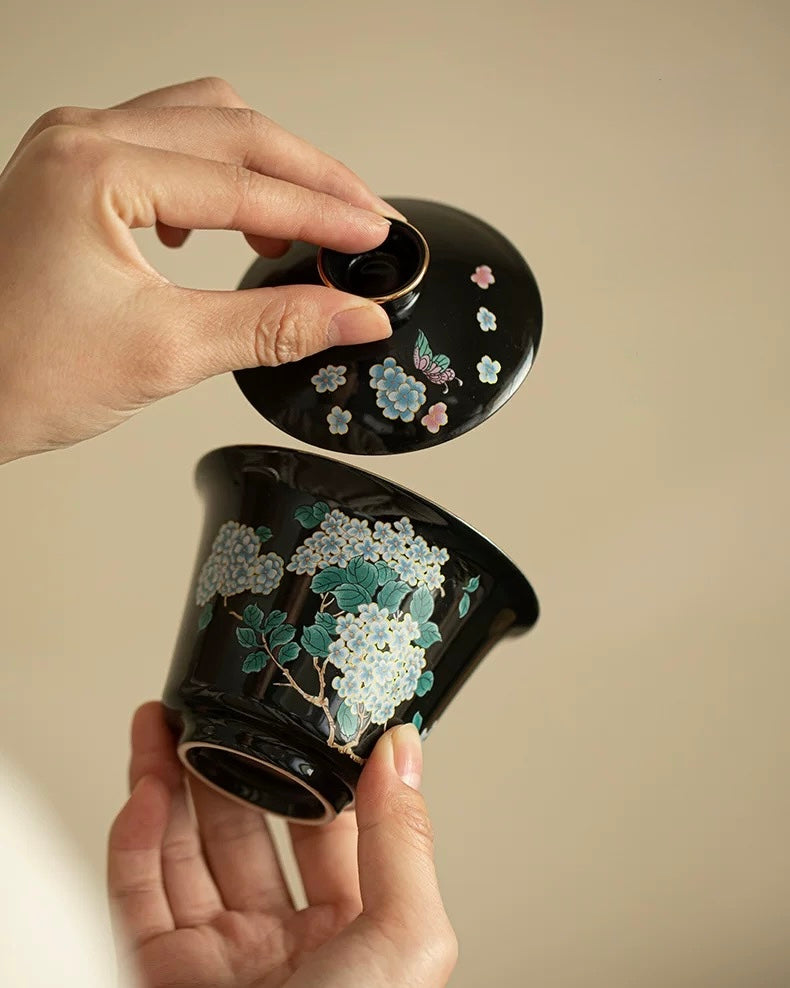 Black Glaze "Midnight Hydrangea" Sancai Gaiwan