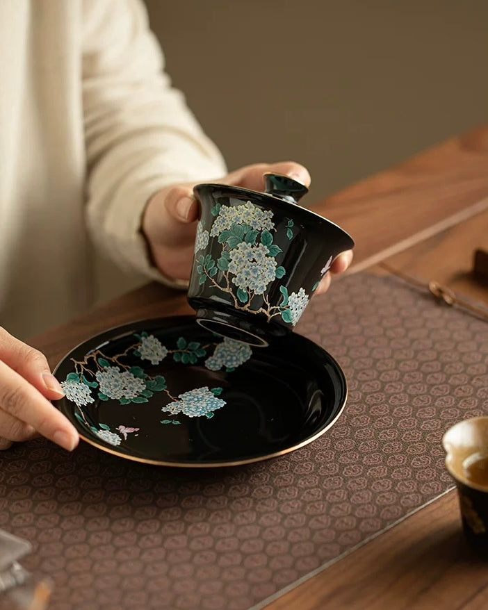 Black Glaze "Midnight Hydrangea" Sancai Gaiwan