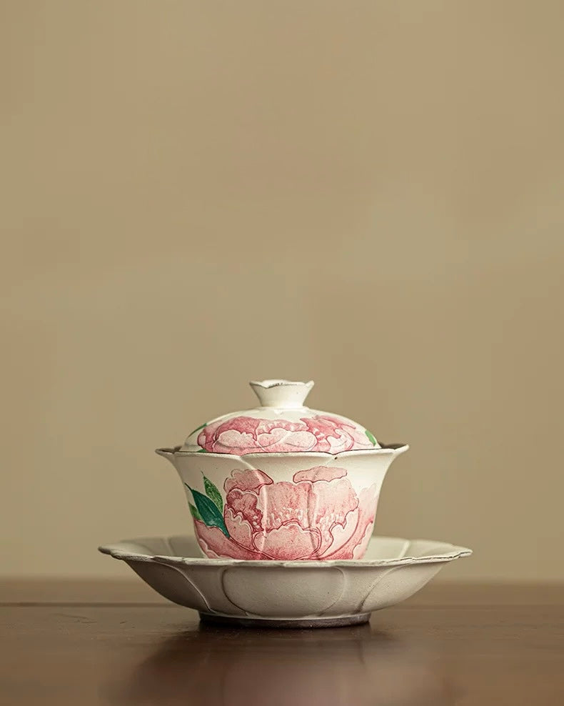 Aged Rock Clay "Peony Tide" Sancai Gaiwan
