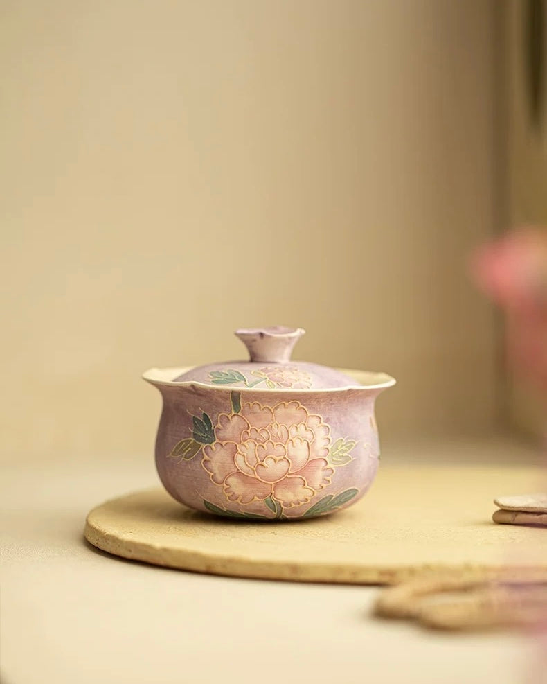 Relief-Sculpted Hand-Painted "Purple Rhyme" Peony Cloth-Bag Gaiwan