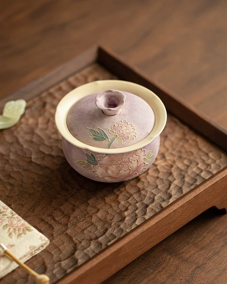 Relief-Sculpted Hand-Painted "Purple Rhyme" Peony Cloth-Bag Gaiwan