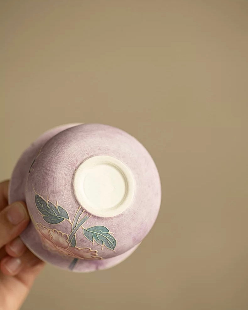 Relief-Sculpted Hand-Painted "Purple Rhyme" Peony Cloth-Bag Gaiwan