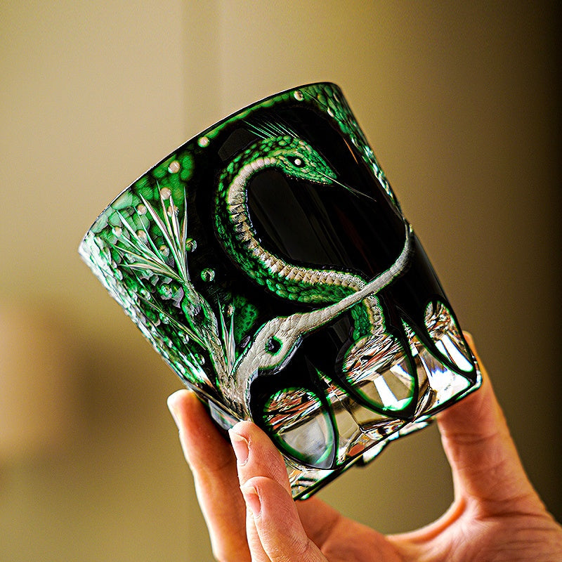 Edo Kiriko Handcrafted Green Serpent Whisky Glass – A Mythic Embrace in Crystal