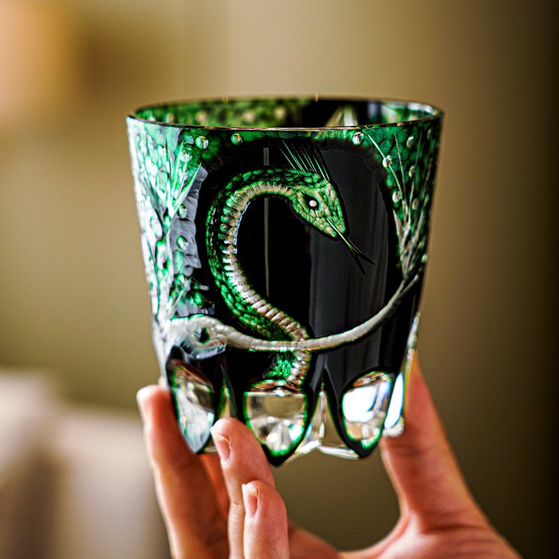 Edo Kiriko Handcrafted Green Serpent Whisky Glass – A Mythic Embrace in Crystal