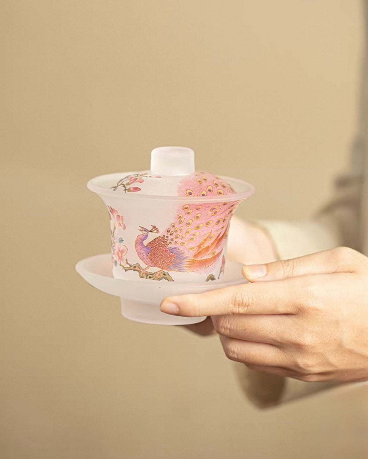 Pink Frosted "Luminous Peacock" Glass Sancai Gaiwan