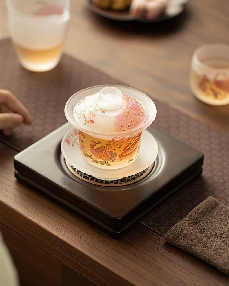 Pink Frosted "Luminous Peacock" Glass Sancai Gaiwan