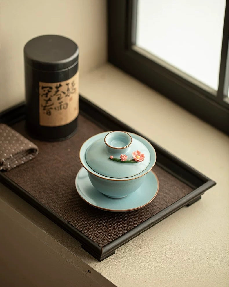 Hand-Sculpted "Azure Petals" Ru Ware Floating Sancai Gaiwan