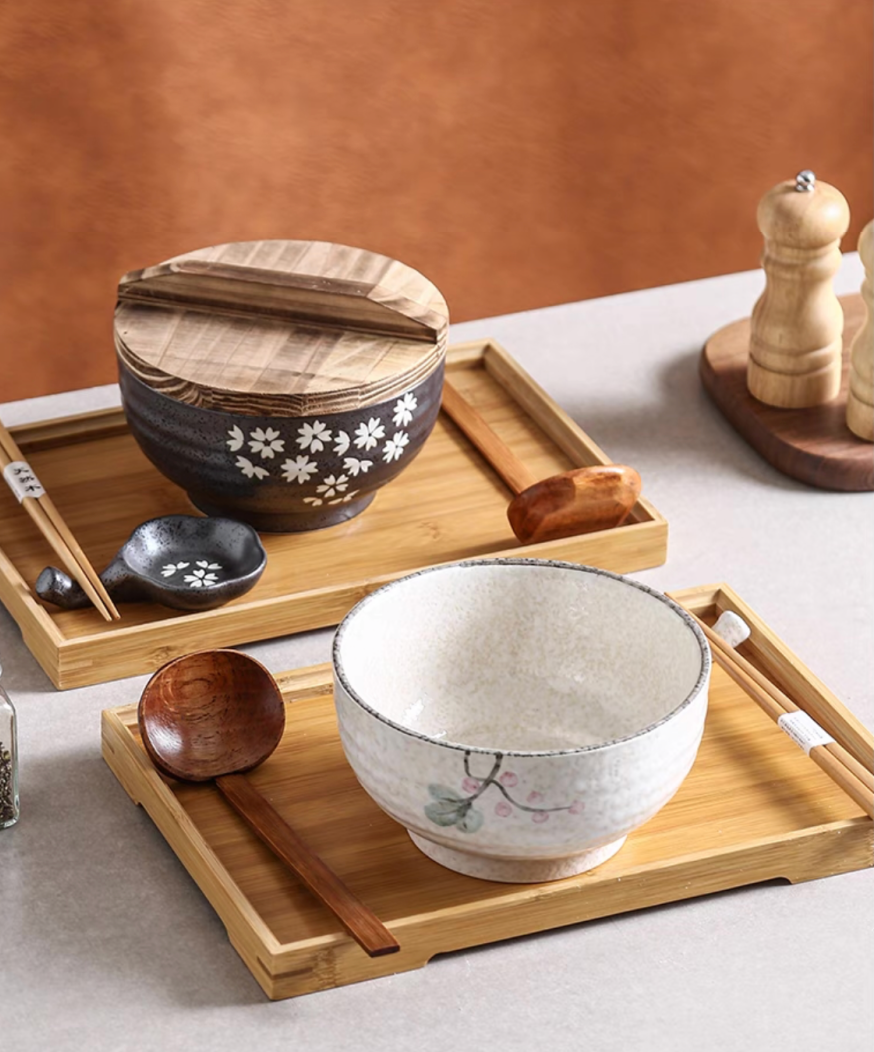 Handmade Japanese Ramen Bowl Set: Large Soup Spoon, Chopsticks, Rest  Bamboo Tray