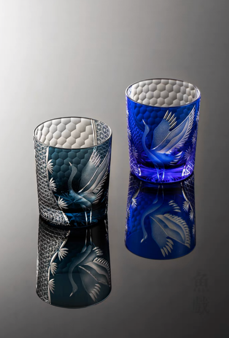 Edo Kiriko Whiskey Glass - Hand-Cut Pine & Crane Design