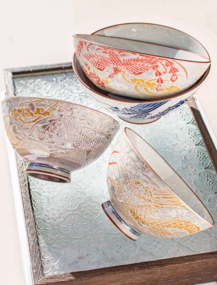 Handmade Japanese Mino Yaki Rice Bowl: Dragon & Phoenix Design