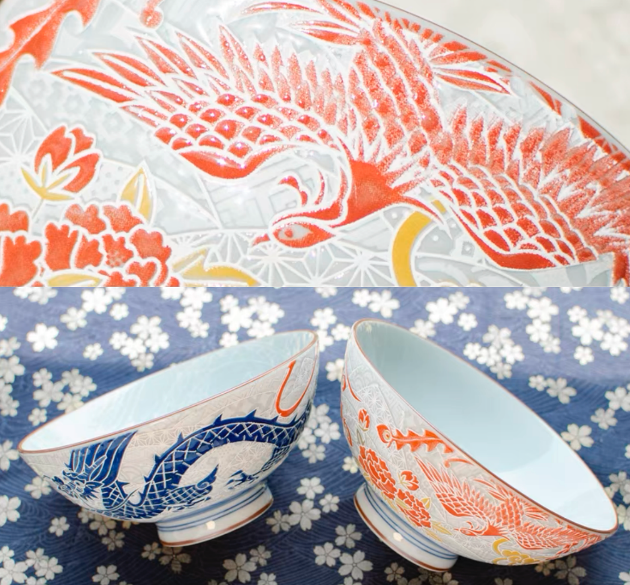 Handmade Japanese Mino Yaki Rice Bowl: Dragon & Phoenix Design