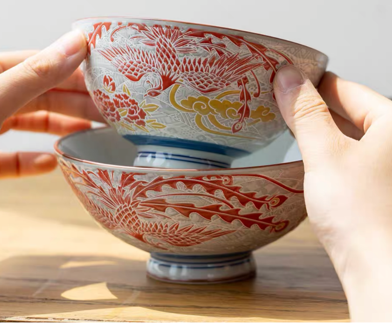 Handmade Japanese Mino Yaki Rice Bowl: Dragon & Phoenix Design