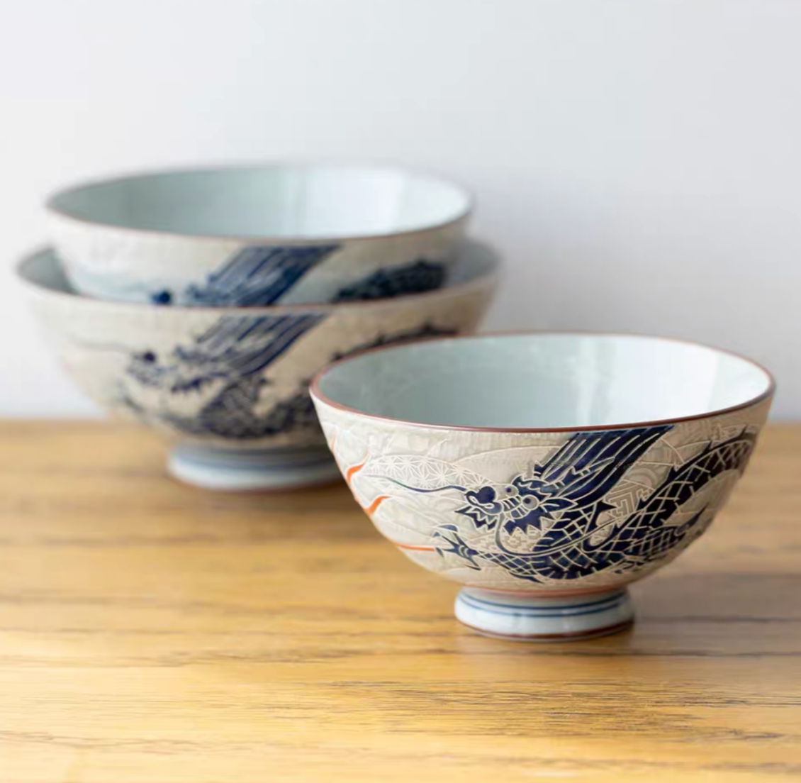 Handmade Japanese Mino Yaki Rice Bowl: Dragon & Phoenix Design