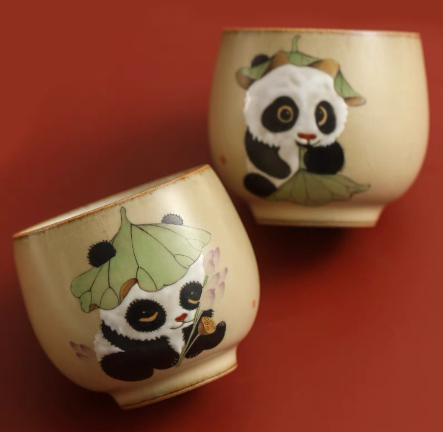Ru Kiln Panda Teacup - Crackle Glaze, Hand-Painted | Oriental Artisan