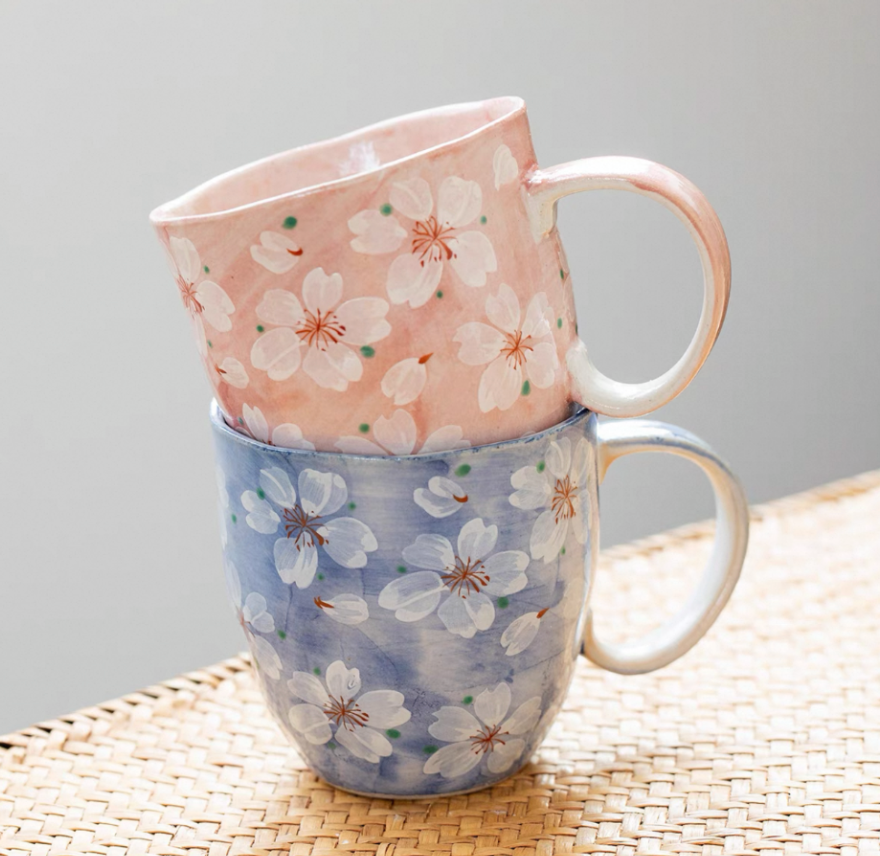 Authentic Mino Ware Cherry Blossom Pair Mugs, Handmade Gift Set