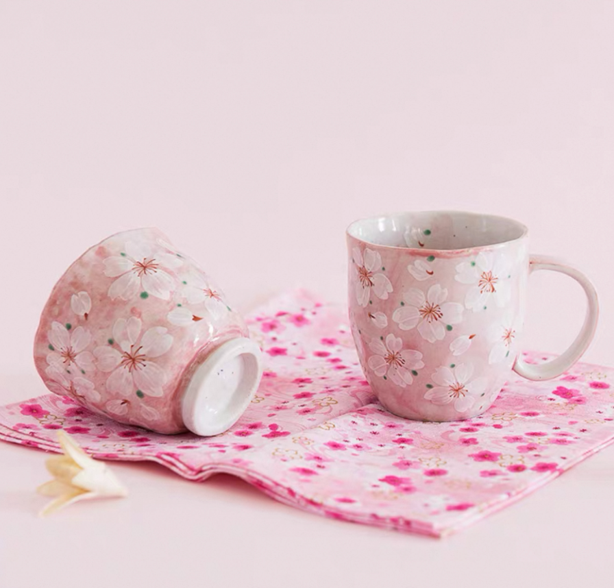 Authentic Mino Ware Cherry Blossom Pair Mugs, Handmade Gift Set