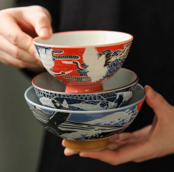 Handcrafted Mino Yaki Koi, Crane, Whale Japanese Ramen Bowls