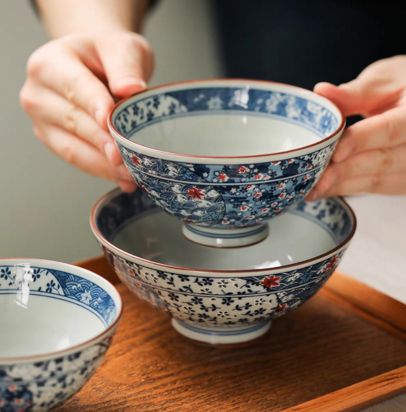 Authentic Mino Ware Antique Blue Cherry Blossom Rice/Soup Bowl, Handmade
