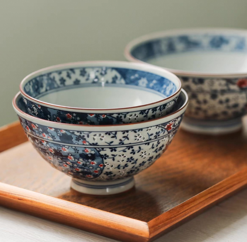 Authentic Mino Ware Antique Blue Cherry Blossom Rice/Soup Bowl, Handmade