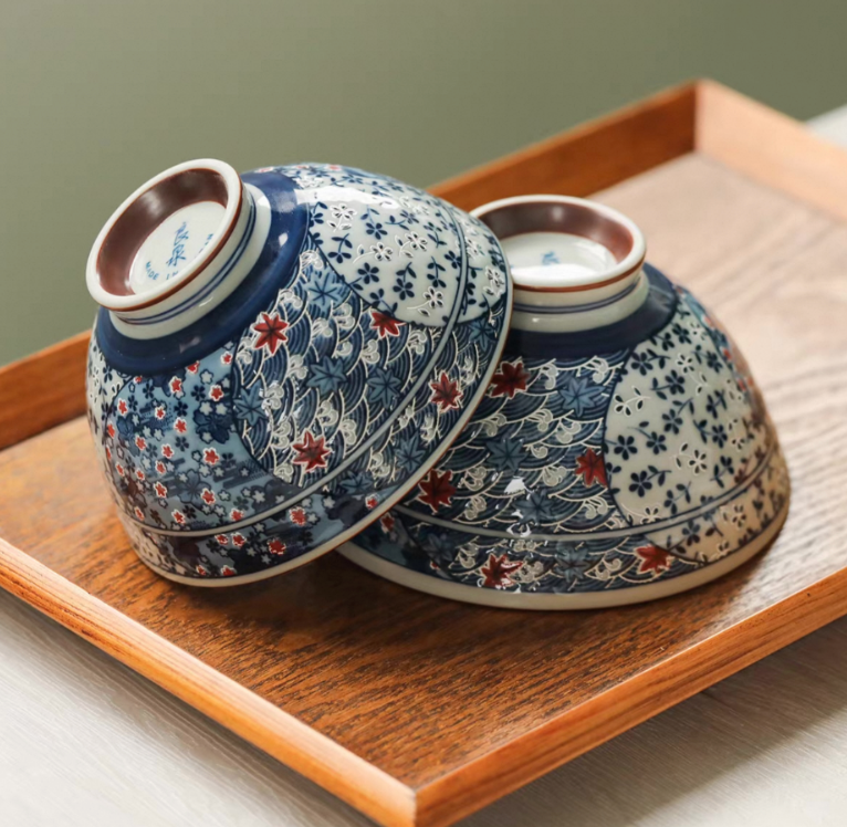 Authentic Mino Ware Antique Blue Cherry Blossom Rice/Soup Bowl, Handmade