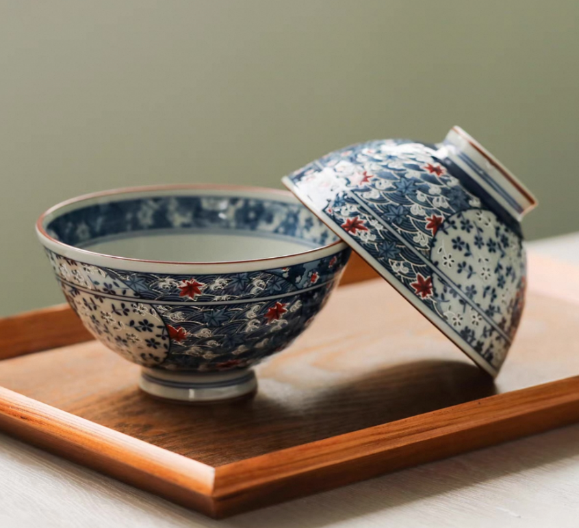 Authentic Mino Ware Antique Blue Cherry Blossom Rice/Soup Bowl, Handmade