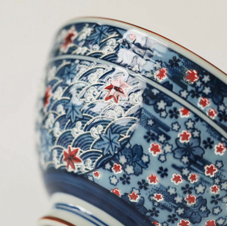 Authentic Mino Ware Antique Blue Cherry Blossom Rice/Soup Bowl, Handmade