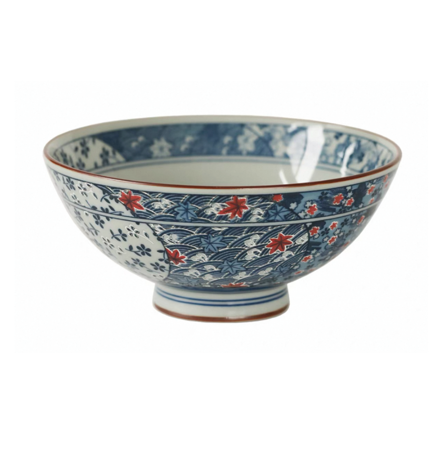 Authentic Mino Ware Antique Blue Cherry Blossom Rice/Soup Bowl, Handmade