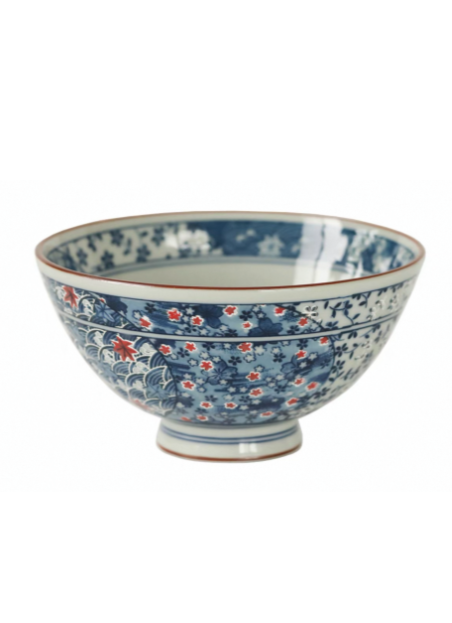 Authentic Mino Ware Antique Blue Cherry Blossom Rice/Soup Bowl, Handmade