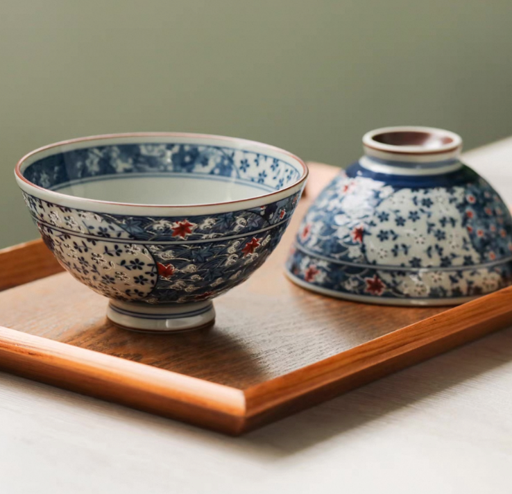 Authentic Mino Ware Antique Blue Cherry Blossom Rice/Soup Bowl, Handmade