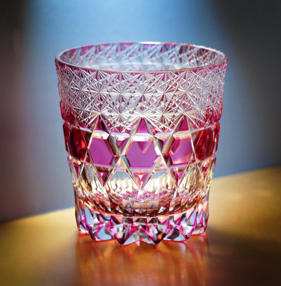 Edo Kiriko Handcrafted "Fluorite" Whisky Glass - Dazzling Clarity with Wooden Box