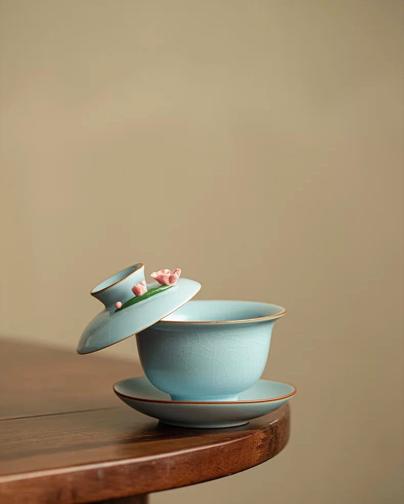 Hand-Sculpted "Azure Petals" Ru Ware Floating Sancai Gaiwan