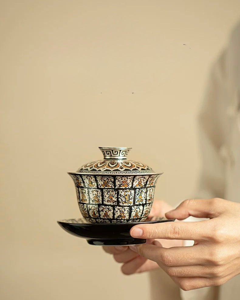Gilded Silver "Ten Thousand Buddhas" Grottoes Sancai Gaiwan
