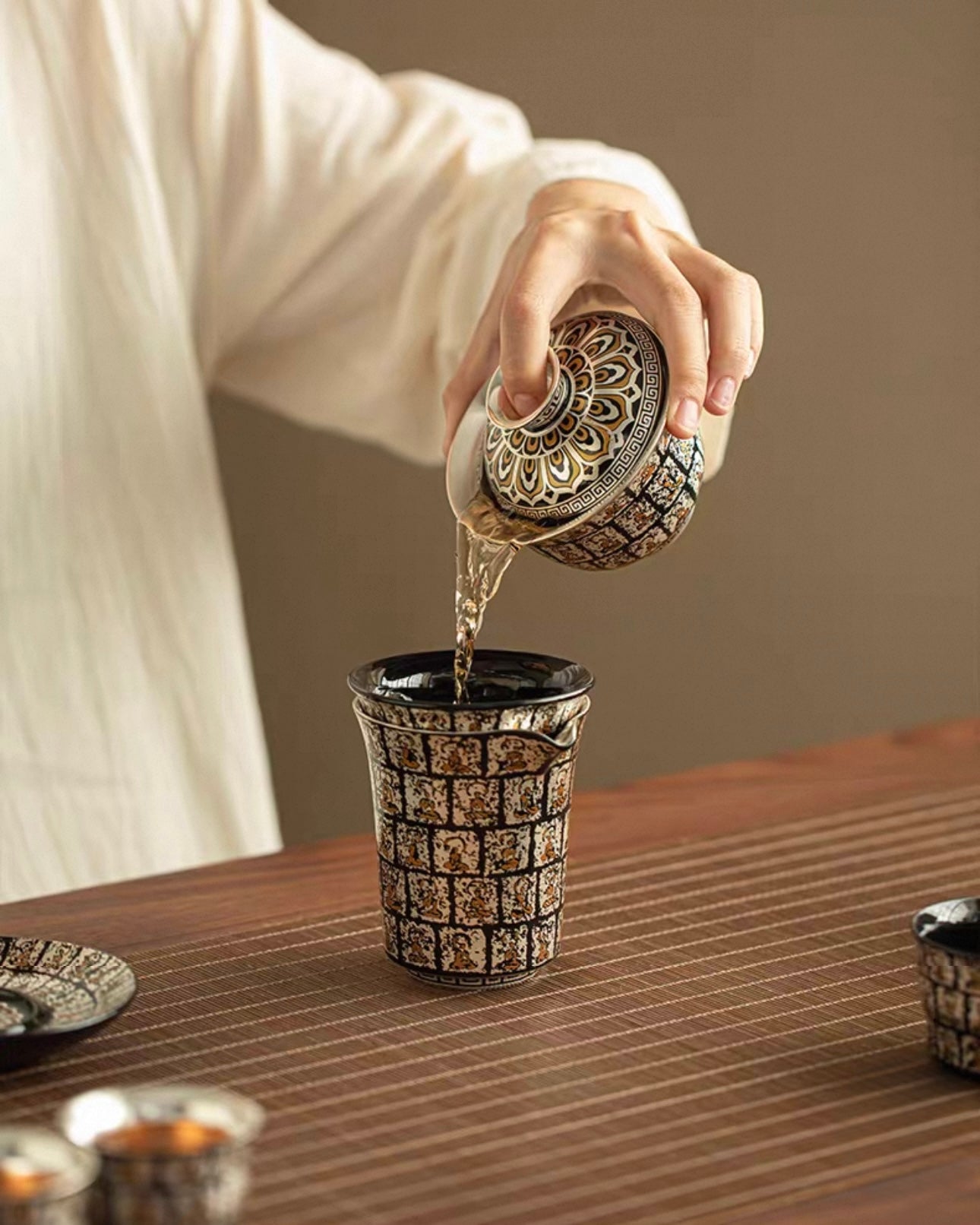 Gilded Silver "Ten Thousand Buddhas" Grottoes Sancai Gaiwan